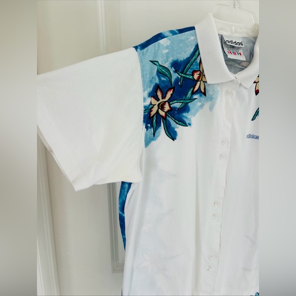 Vintage 80’s Adidas Women’s Sz M Tropical Floral S/S Button Up Polo Shirt EUC - Picture 2 of 8